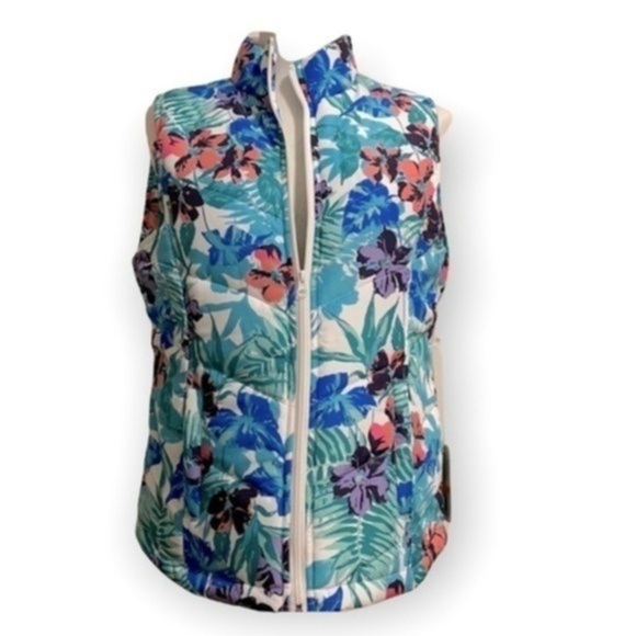 CARIBBEAN JOE WHITE VEST WITH TROPICAL Floral zip vest NWT Sz small - Picture 1 of 6